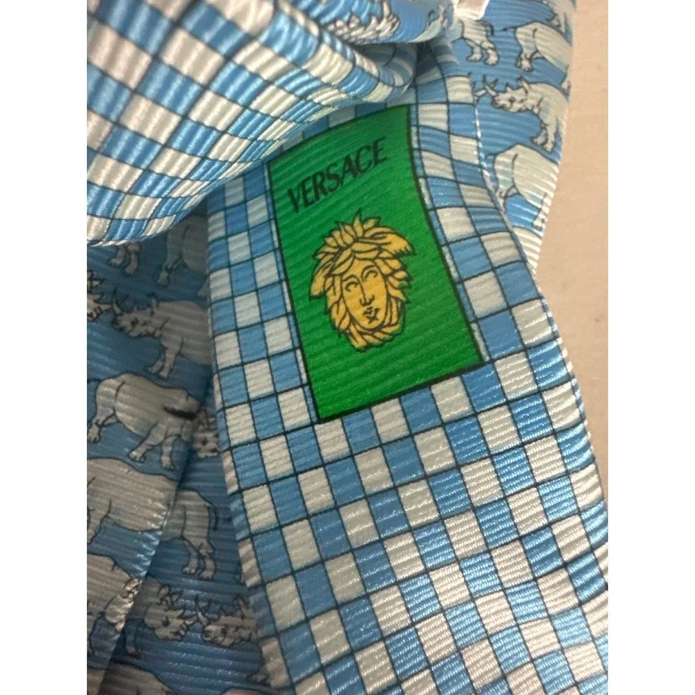 Gianni Versace Mens Silk Tie Light Blue White Rhinoceros Animal Print Italy - Picture 4 of 6